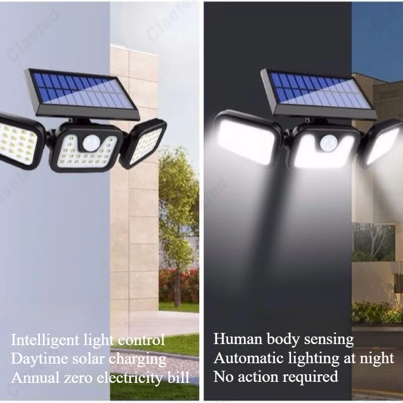 LED Solar Licht Faltbare 74LED Drei Scheinwerfer Außen Motion Sensor Outdoor Hof Garage Gang Beleuchtung Leuchte