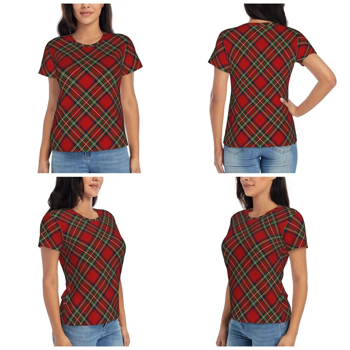 Royal Stewart Tartan Cross Plaid T-Shirt Women Short Sleeve T Shirts Crew Neck Clothing Cotton Summer Tees Streetwear