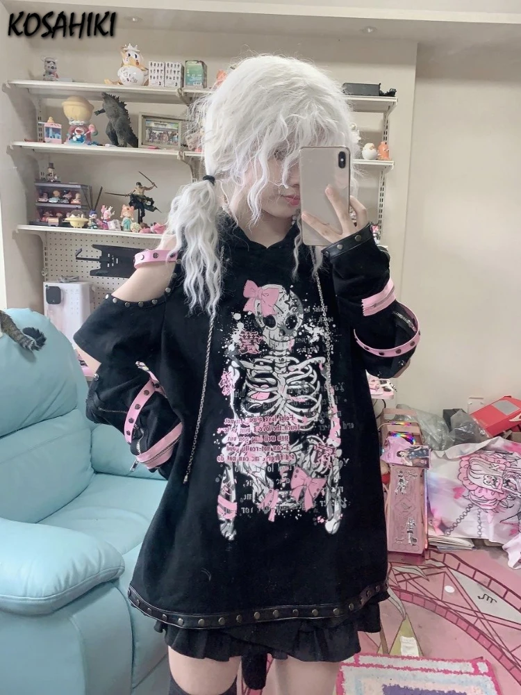 Y2k Aesthetic Punk Skeleton Print Hoodies Women Harajuku Hollow Off Shoulder Vintage Loose Hoody Casual Grunge Zipper Sweatshirt