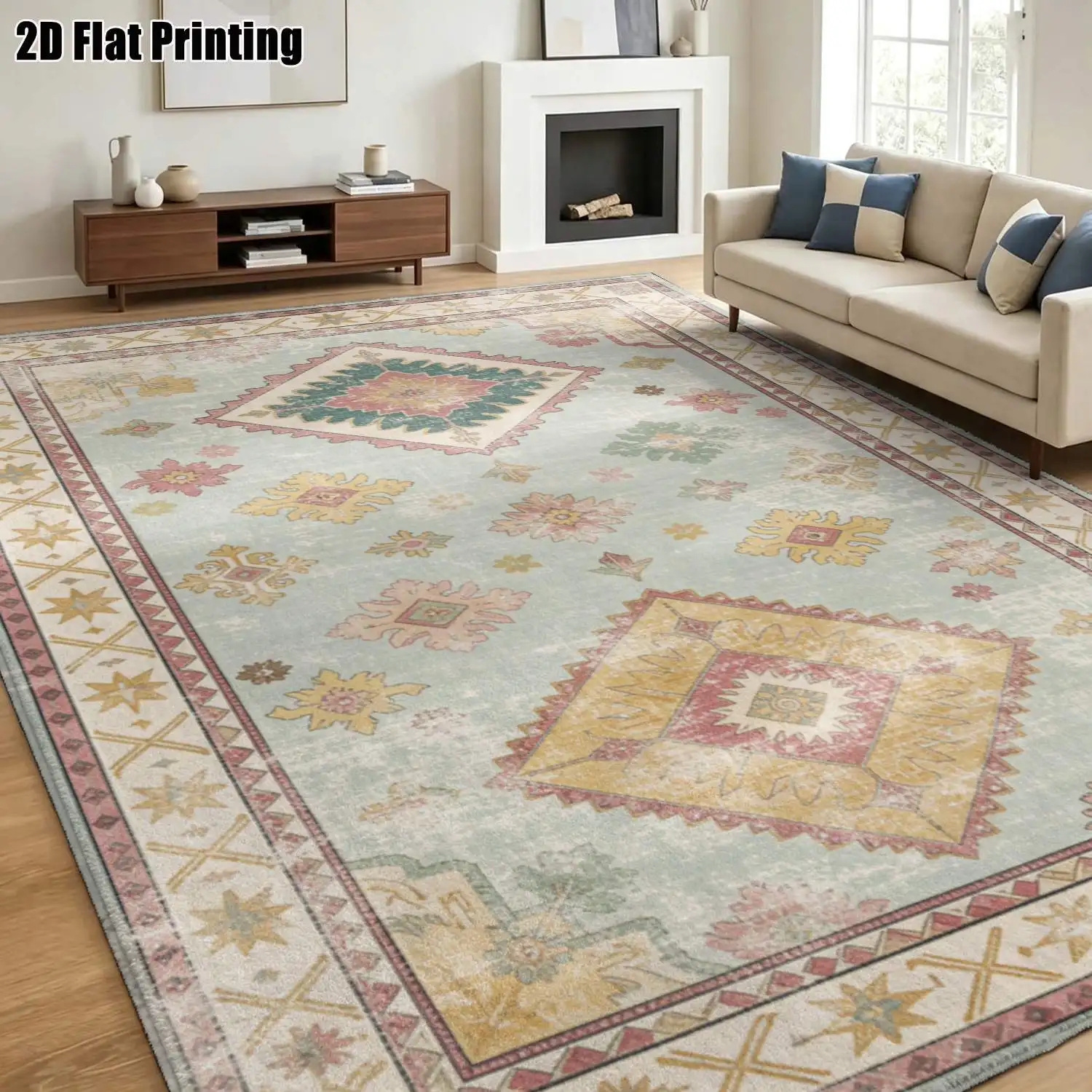 1Pc 2D Printed Blue & Brown Retro Floral Pattern Carpet, European Style, Washable, Multi-Size for Home Decor, Entrance/Dining/Study/Living/Bedroom Use