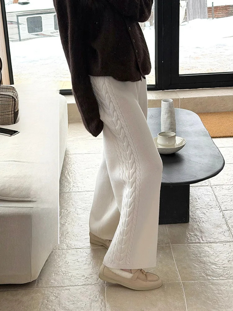 

High Waist Straight Leg Knitted Trousers Women's Woolen Twill Texture Winter Versatile Long Pants Casual Sle LP Old Money Feel