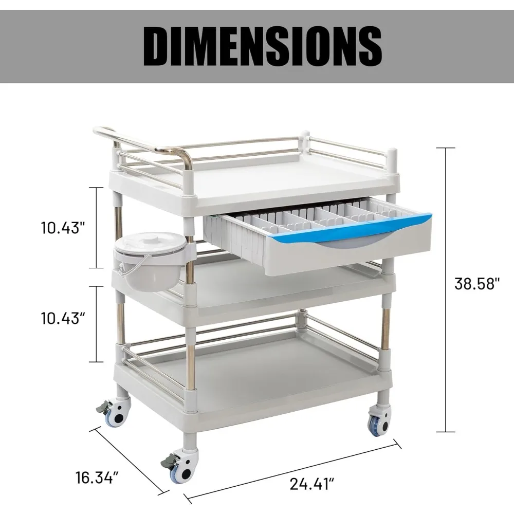 Medical Trolley 3 Tier 500 LBS Heavy Duty Professional Utility Cart Beauty Salon Rolling Trolley with Swivel Casters,Dirt Bucket