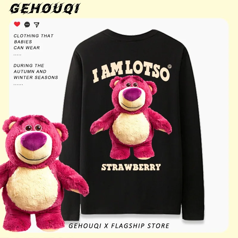 

Strawberry Bear Joint T-shirt Men Long Sleeve Spring 2024 New Hong Kong Wind Ins Trend Teenage Lovers Wear Loose