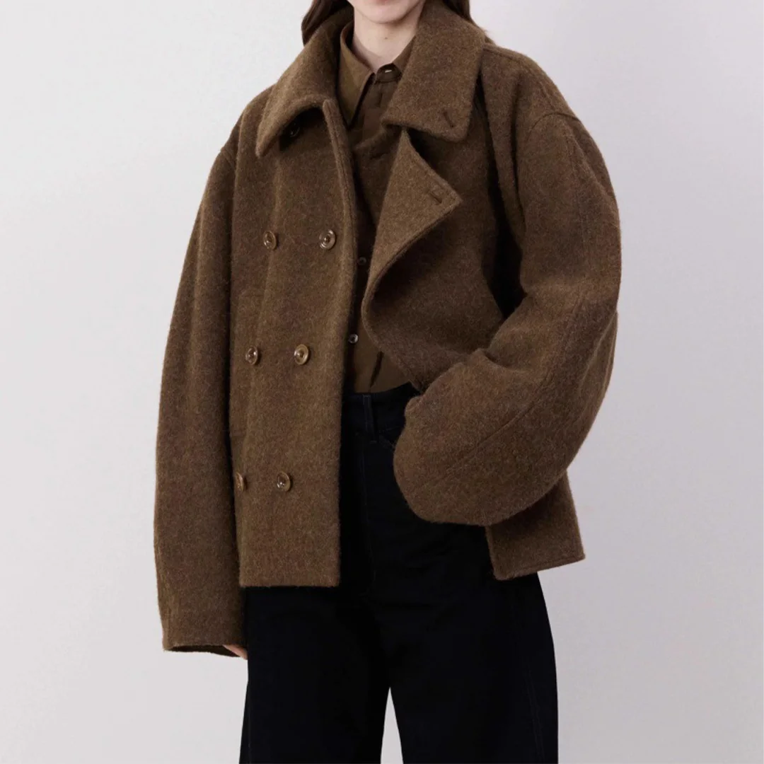 

Женское осенне-зимнее минималистское двубортное короткое шерстяное пальто большого размера с поясом