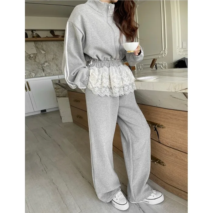 

Корейский шикарный повседневный толстовка с воротником-стойкой, топ и спортивные длинные брюки, комплект из двух предметов, женская удобная уличная одежда