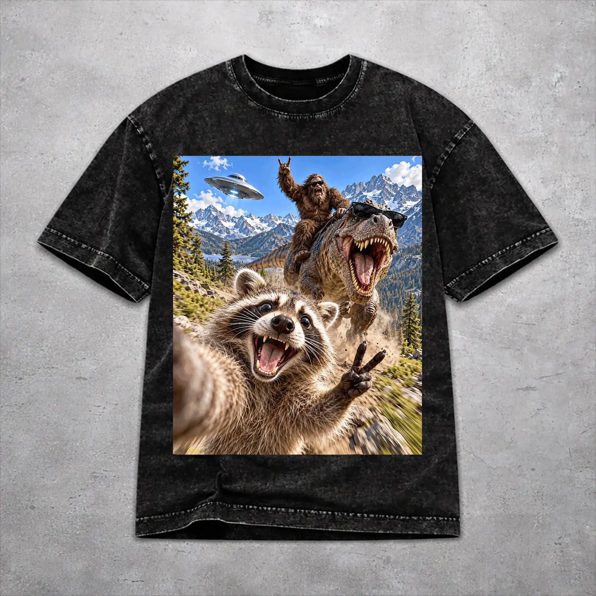 Vintage Men Women Funny Bigfoot Ride Dinosaur Raccoon Tee Shirt Washed Style  T Shirts Outfits