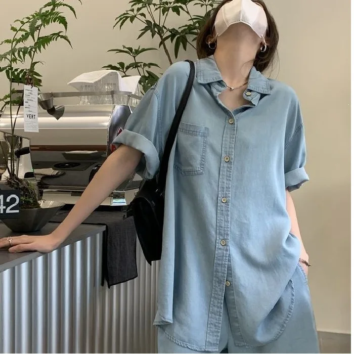 Loose Wide Leg Short Sleeve Silk Denim Set Women's Summer Korean Style Casual Suit Two-Piece Outfit Comfortable Breathable