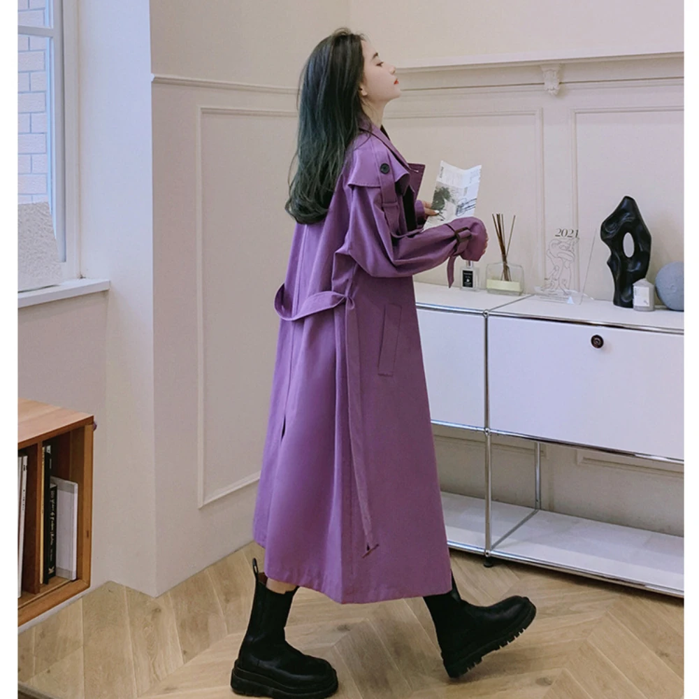 New in Outerwears Elegant Women Trenchcoat Purple Double Breasted Long Trench Coats Lapel Belted Jacket Mid Long Slim Clothes