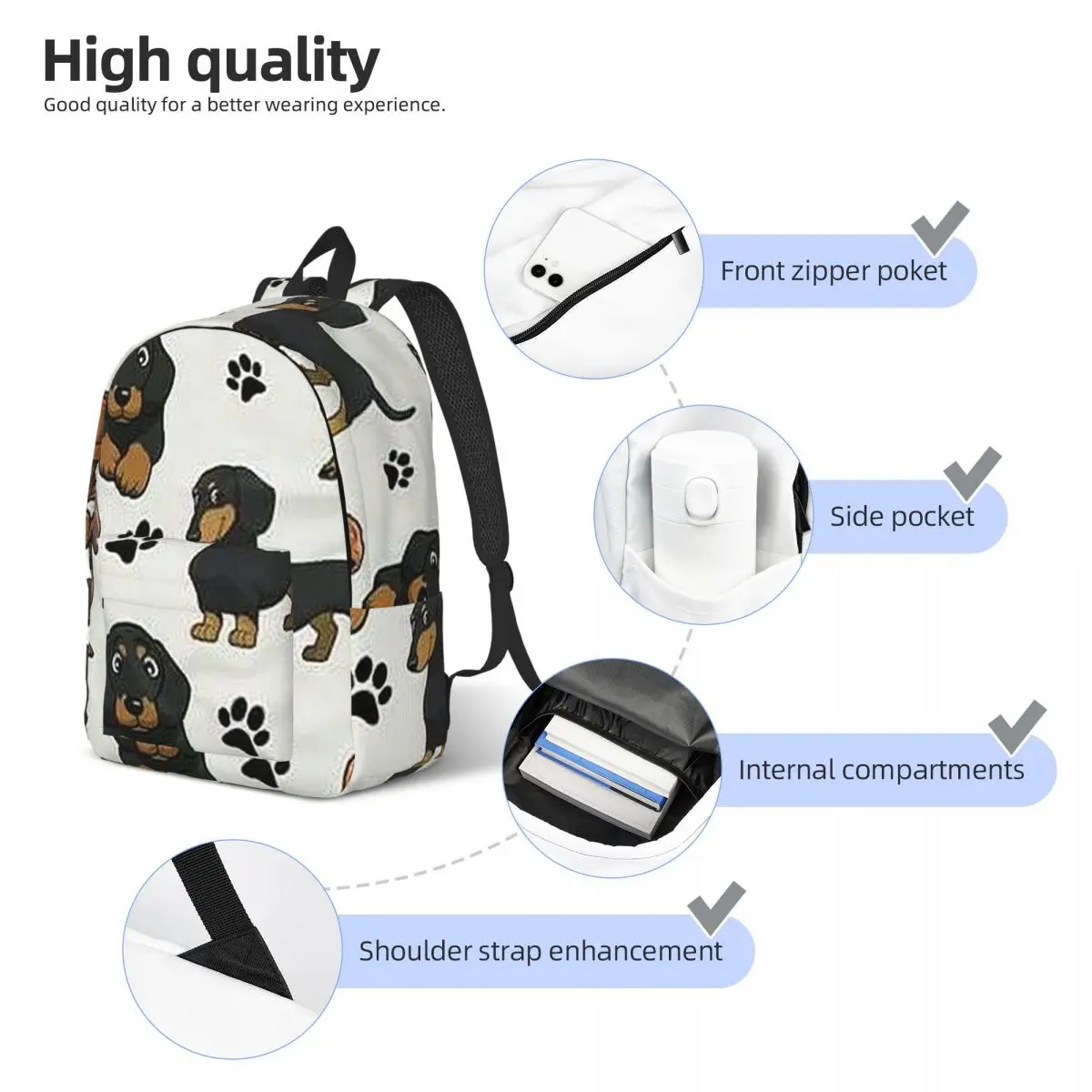 Dachshund Dog Cartoons Cute Student Backpack School Bag Hiking Travel Daypack for Men Women Fashion Bookbag Shoulder Bags