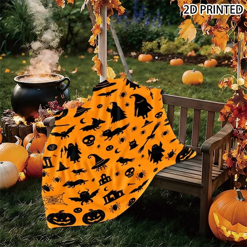 Halloween Festive Pattern Throw Blanket, Bright Orange Background with Spooky Silhouette Elements of Jack-O'-Lanterns, Bats, Gho