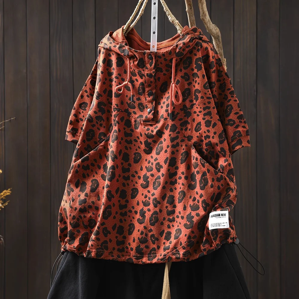 2025 Vintage animal leopard print hoodies for women pullover summer Spain style harajuku fashion short sleeve hooded shirts