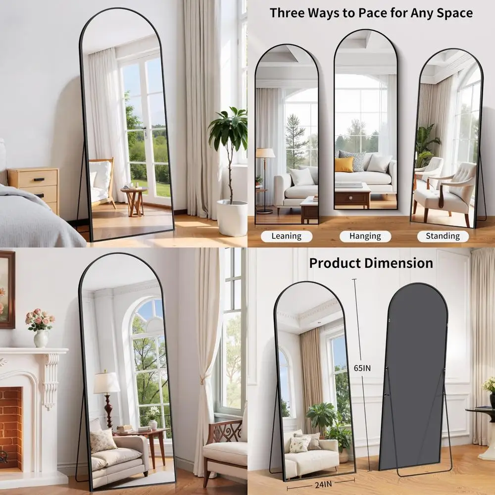 아치형 바닥 거울 65x24인치, 전신 알루미늄 프레임 거울, 나노 글래스, 스탠드 포함 전신 드레싱 거울