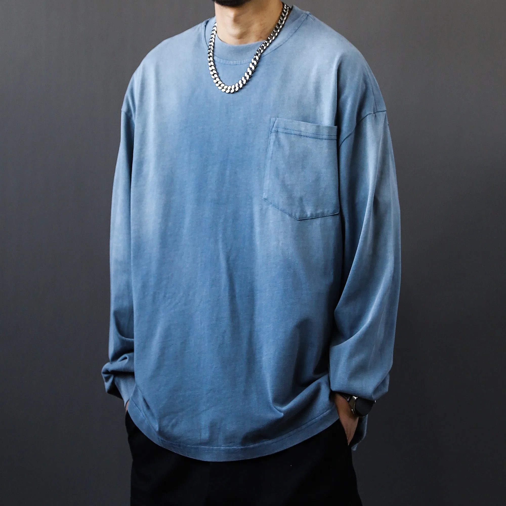 Japanese Retro Washed Vintage Long Sleeved T-shirt for Men's Basic Style Pure Cotton Loose Round Neck