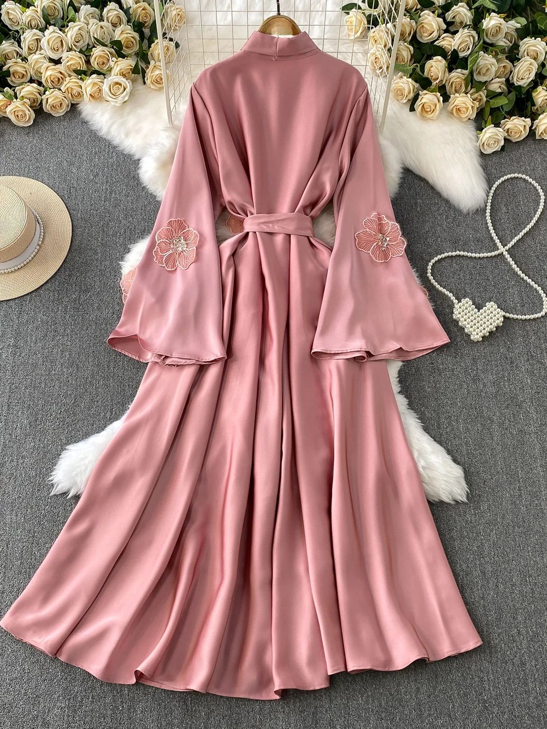 우아한 v 넥 벨 슬리브 드레스 여성 여름 허리 씬 실크 새틴 슬리밍 롱 드레스 하이 웨이스트 꽃 3D 디자인