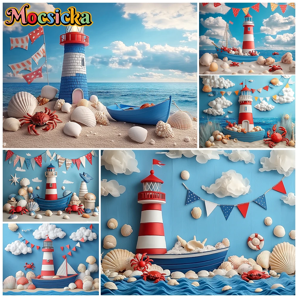 

Mocsicka Photography Backdrop Summer Shooting Backgrounds Ocean Beach Tower Boat Shell Decors Birthday Party Photo Studio Banner