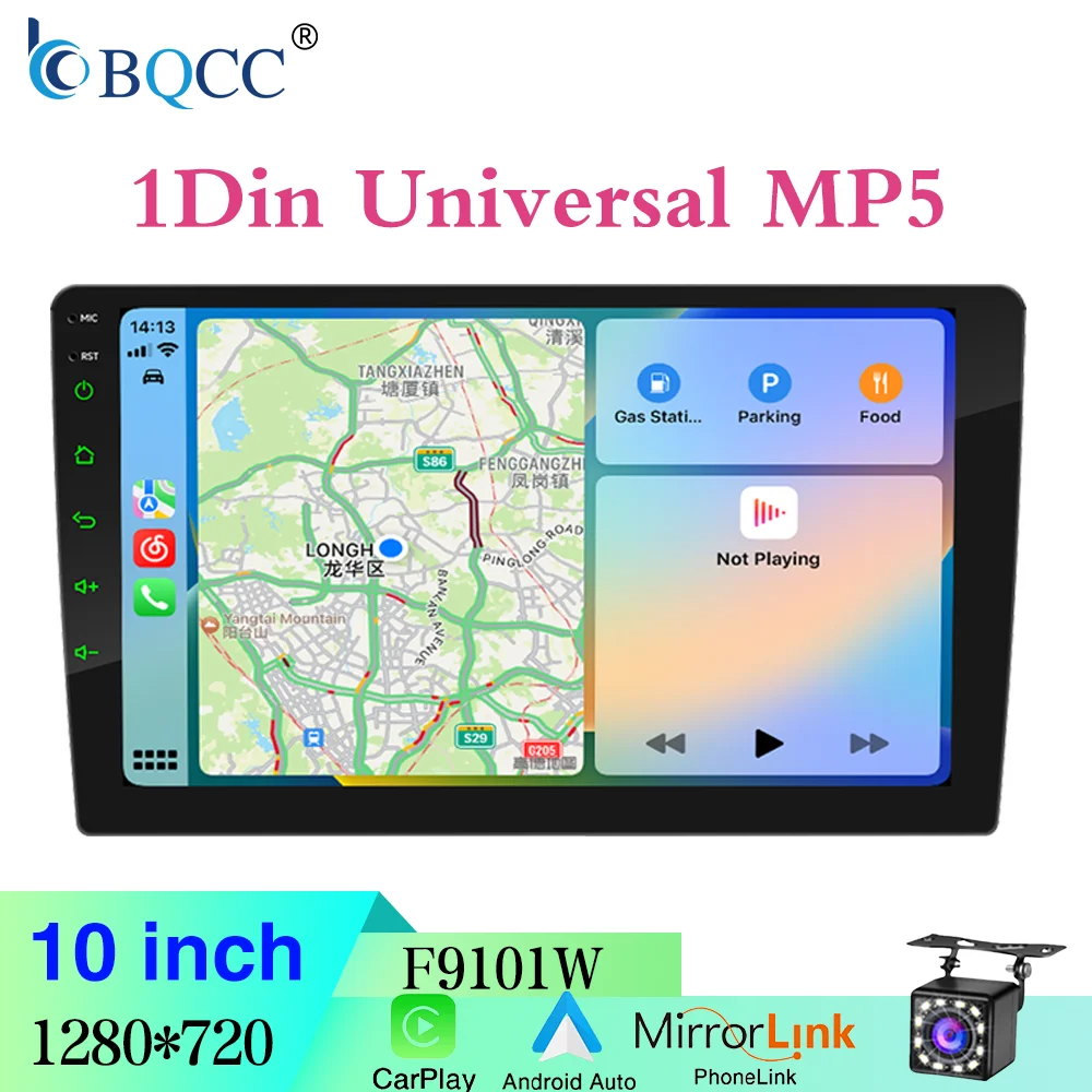 BQCC 10'' 1Din Universal Car Player Wireless CarPlay Android Auto Car MP5 7-Color Lights Wiring Protection FM BT Car Radio