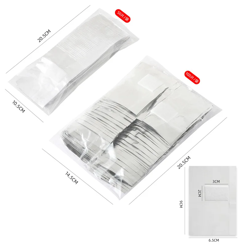 أغطية رقائق الأظافر مع وسادات قطنية، مشابك مزيل طلاء الأظافر من الألومنيوم لأظافر الجل والأكريليك، عبوة 50/100 قطعة #3