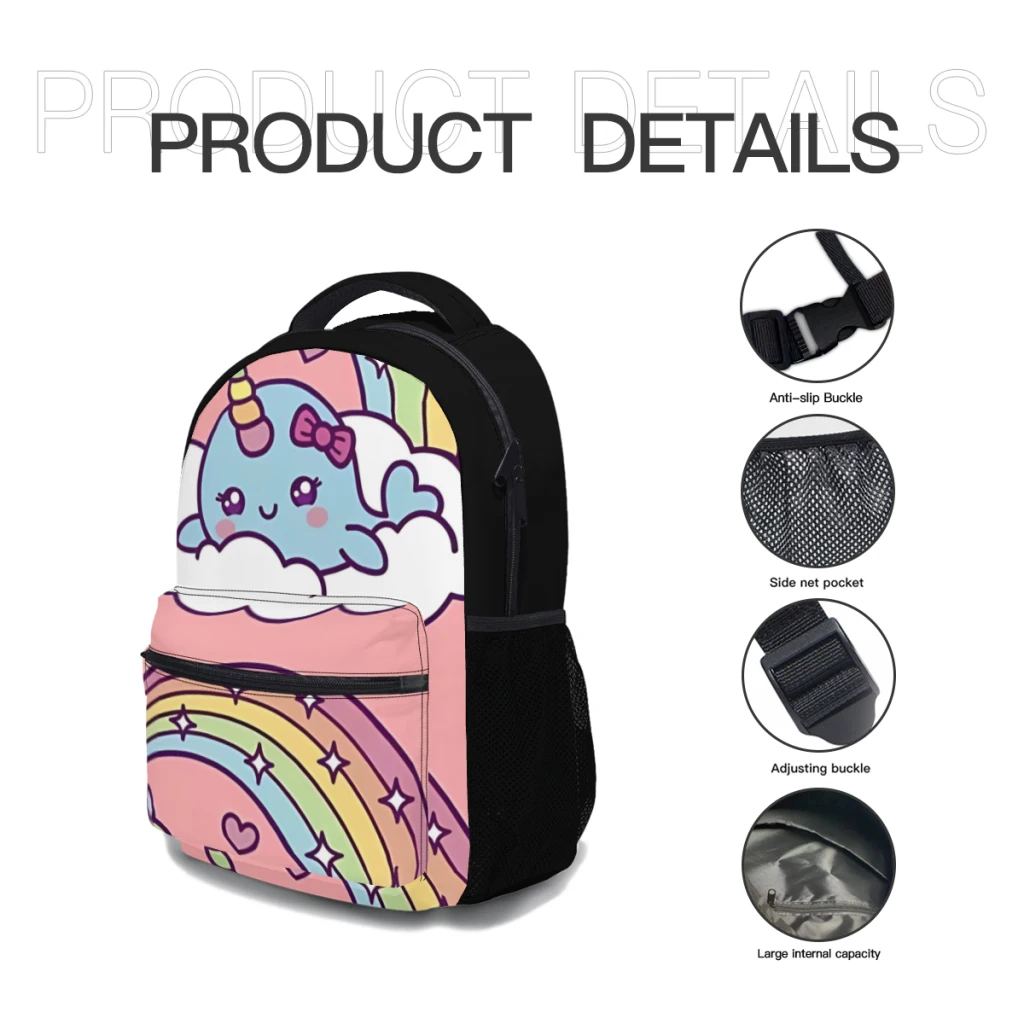 New Fashionable  Unicorn Narwhal Girl Dreams On Cloud With Rainbow Backpack Bag Large Capacity Trendy Book Bag 17inch