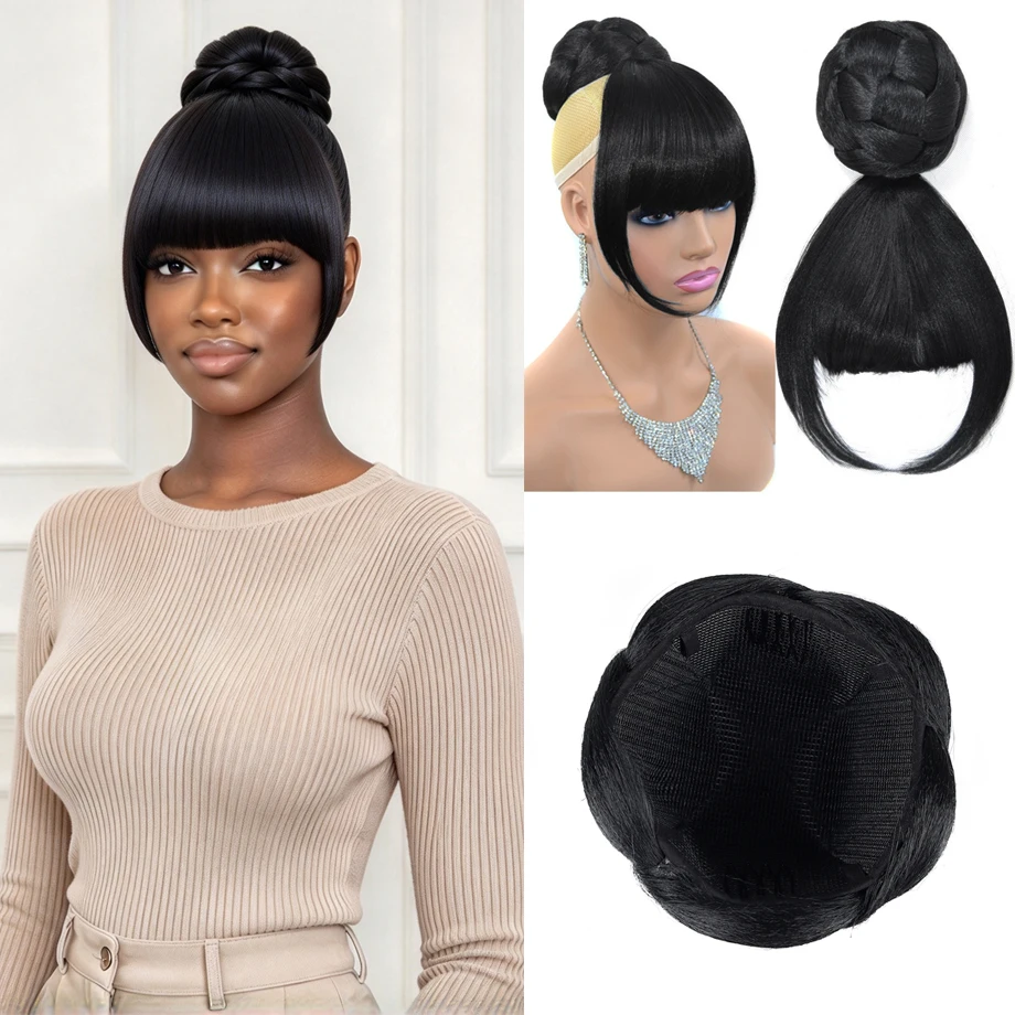 Synthetic Hair Bangs with Bun Clip In Hair Chignon Hair Pieces For Women Updo Hairstyle Daily Party Wear Black Hair Extensions