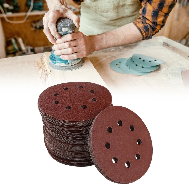 100Pcs Sanding Discs Set 5inch 8 Hole Sandpaper Including 40# 60# 80# 120# 180# Grit for Woodworking Automotive