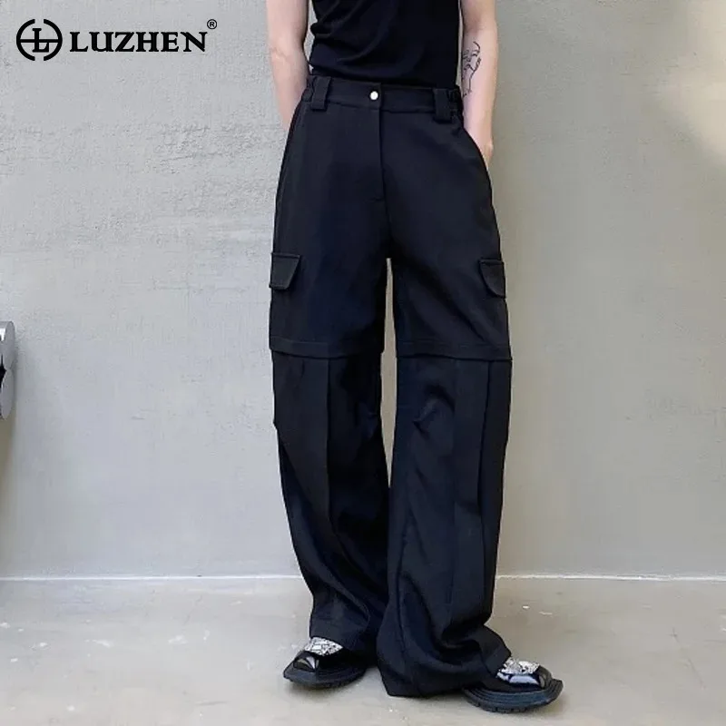 

LUZHEN Elegant Color Solid Stylish Wide Leg Straight Pants Men's 2024 Many Pockets Design Original Fashion Cargo Trousers LZ3766