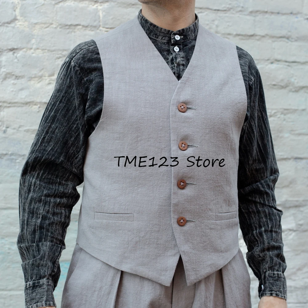 

Straight Pockets Vests for Men Four Buttons Work Vest Casual Retro Linen Vest Fashion Suit V-neck Suits Blazer Men's Clothing
