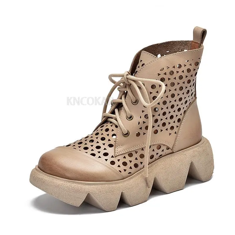 

2025 spring and summer style hole shoes leather lace-up boots hollowed-out cool boots toe layer leather platform shoes sandals