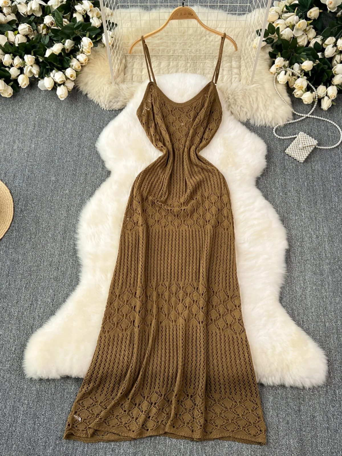 SsTss Sexy Spagetti Strap Knitting Dress Women Fashion Summer V Neck Sleeveless Hollow Out Slim A Line Beach Long Cover Up Dress