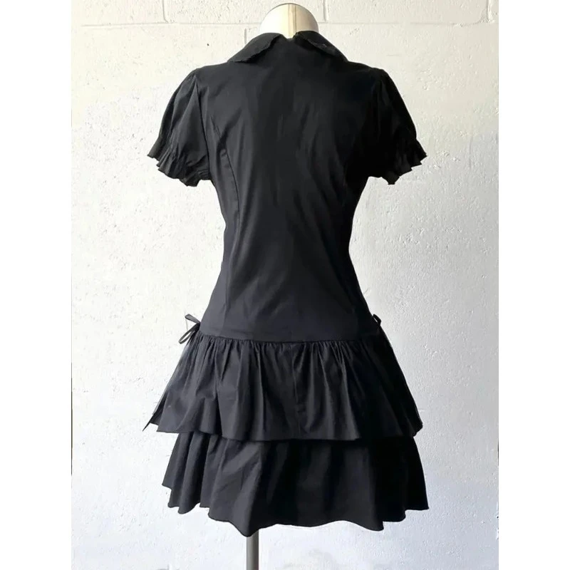 Summer Chic Vintage Black Short Sleeve Dress Women High Street Y2k Patchwork Slim Lapel Gothic Dresses Retro Hot Girl Clothing