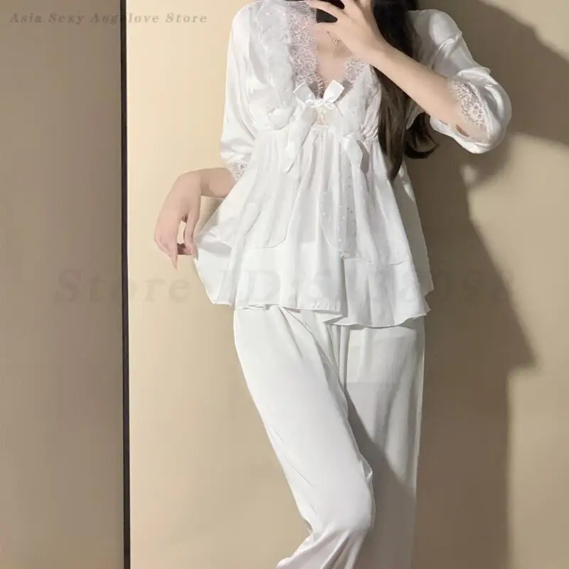 

Sweet Lace Mesh Pyjamas Suit Sexy V-Neck Sleepwear Lounge Wear Silky Satin Top&Trouser 2PCS Pajamas Set Loose Casual Homewear