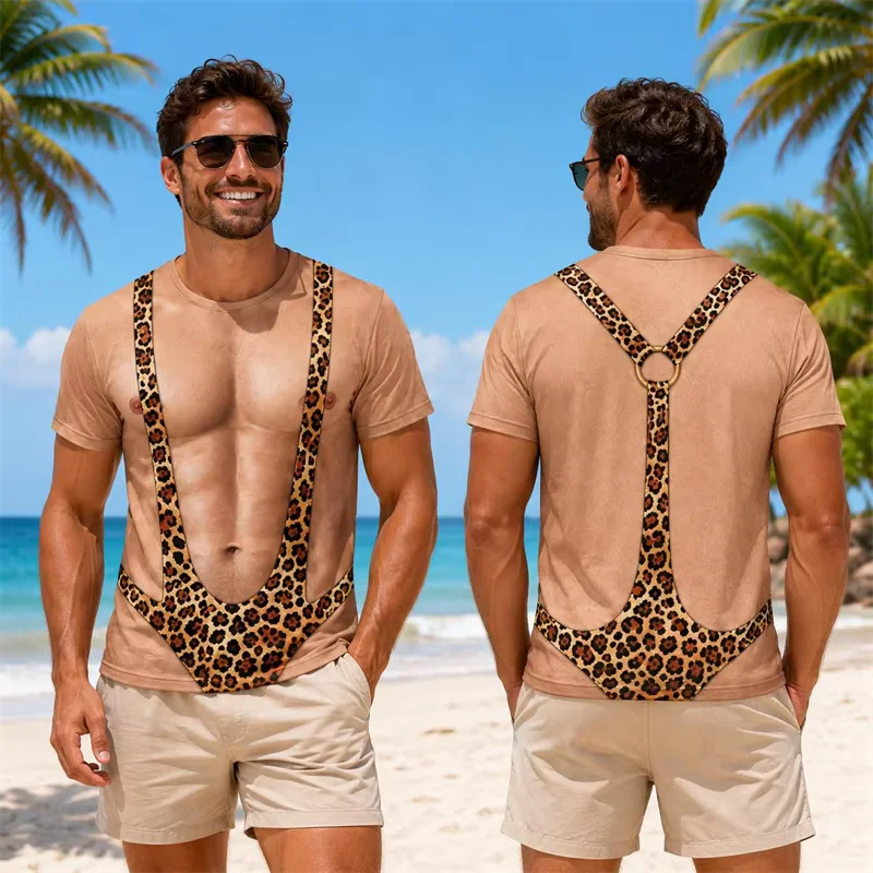 Men Funny 3D Leopard Print Suspender Bikini Fake Muscle Graphic T-Shirt Short Sleeve Novelty Beach Party Casual Streetwear Tees