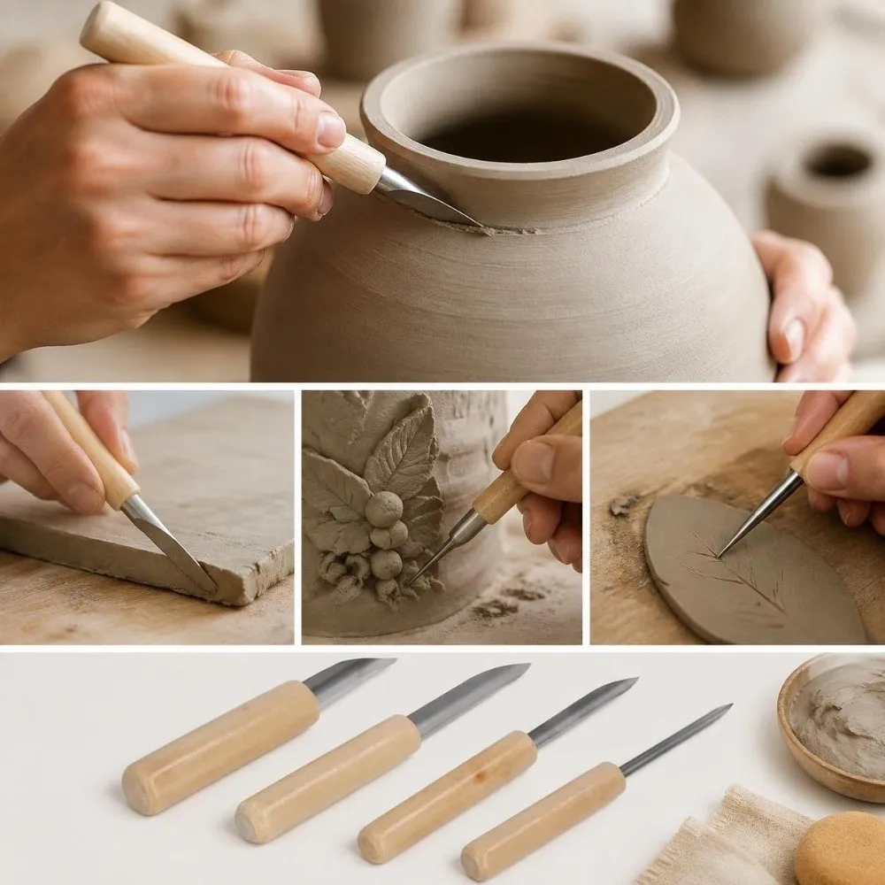 4pcs Wood Handle Clay Hole Cutters Carving Drilling Semicircular Design Pottery Hole Punch Tool Ceramic Hole Cutters