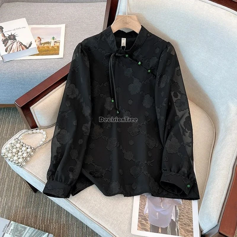 2024 chinese style jacquard bubble sleeve long sleeve cheongsam blouse women slimming vintage disc button chiffon qipao top w372