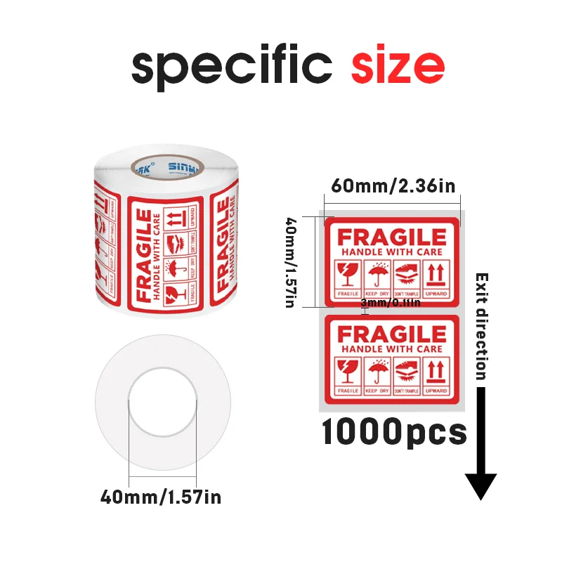 SINMARK 1000 pezzi adesivi di avvertenza fragile etichetta di spedizione etichetta di prodotti fragili inglesi manico con cura/su/mantieni fuori pioggia