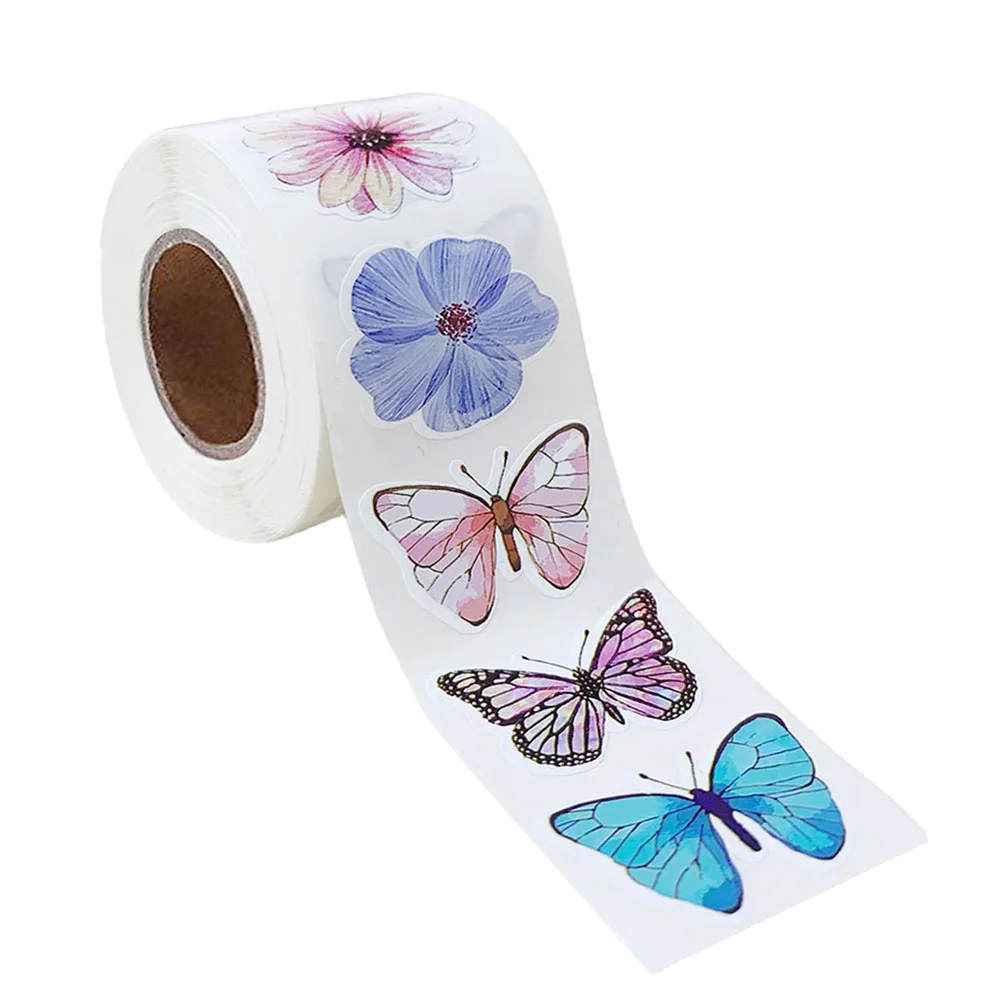 500Pcs/Roll Vivid Butterfly Flowers Stickers 2.5cm/1.0inch Diy Decals Decor Use to Adorn Gifts Notebook Kettle Phone Seal Labels