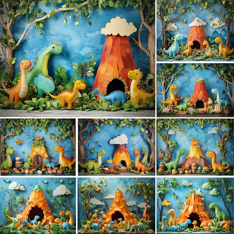 

LS Dinosaur Theme Photography Background Cake Smash Baby Shower Kids Birthday Party Backdrop Photo Spring Forest Volcano Decor