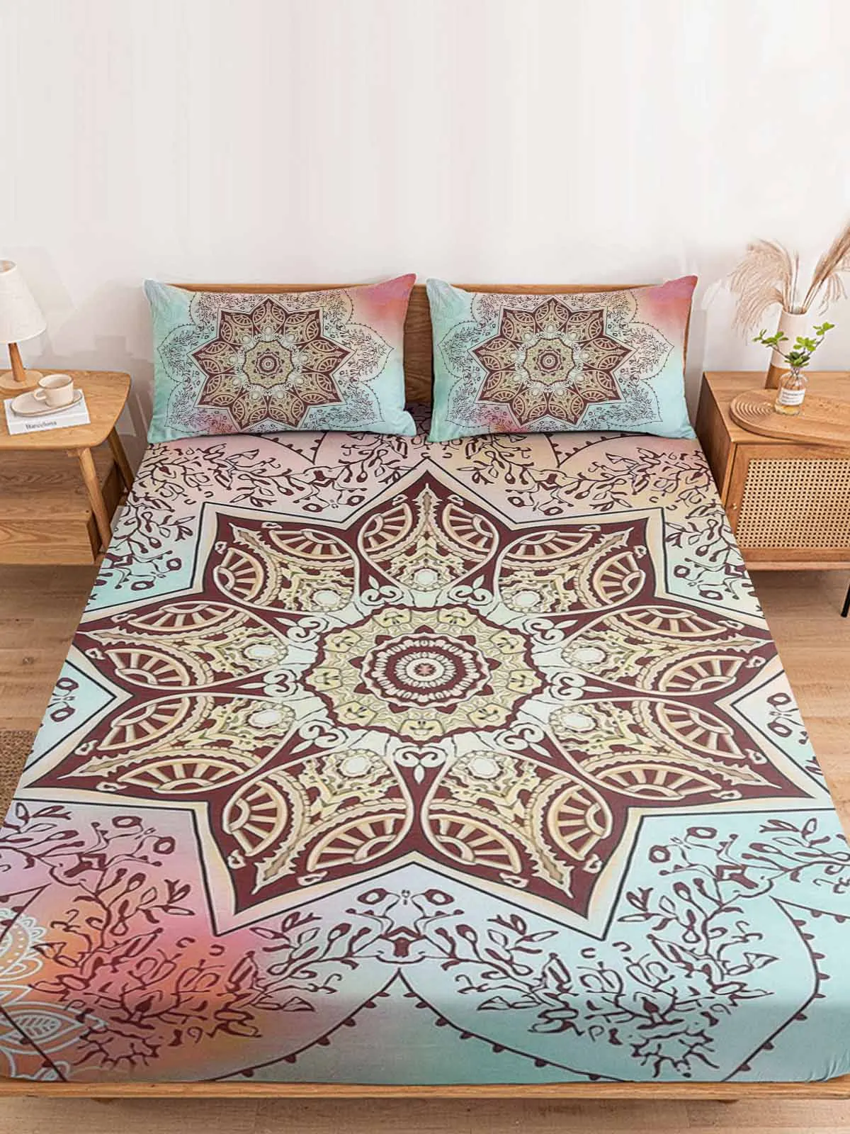 

Mandala Pattern Gradient Fitted Bed Sheet Cover Elastic Band Anti-slip Mattress Protector for Single Double King