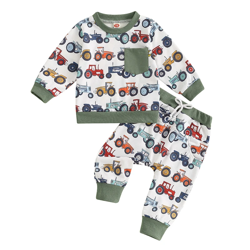 

Toddler Baby Boy Spring Fall Outfit Long Sleeve Tractor Print Sweatshirt Jumper Trouser Set Tracksuit Clothes Set