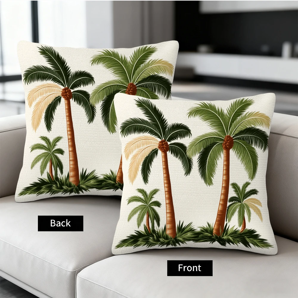 1 PC Throw Pillowcase, 45 cm × 45 cm, Reversible Print, Home Decor, Plant Illustration of Four Palm Trees in vintage Style, (Pil