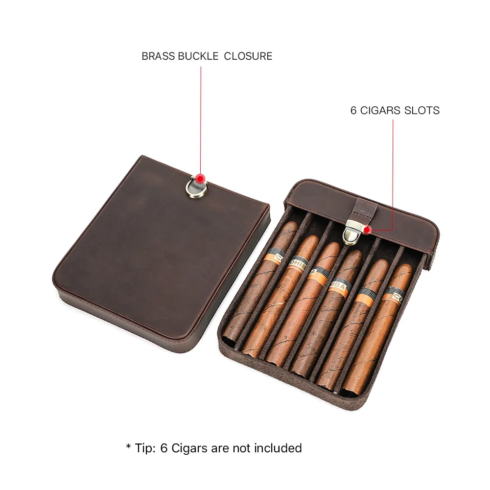 Luxury Retro Genuine Leather 3/6 Slots Cigar Case Humidor Box Travel Portable Cowhide Display Pouch with Brass Buckle Closure