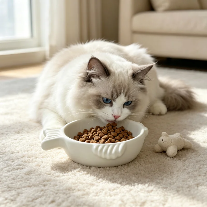 Small Fish Sculpture Pet Feeding Bowl, Wide and Shallow Design to Relieve Beard Fatigue, Matte White Easy-To-Clean Non-Slip Feeder, Suitable for Indoor Kittens and Small Pets Daily Feeding Supplies