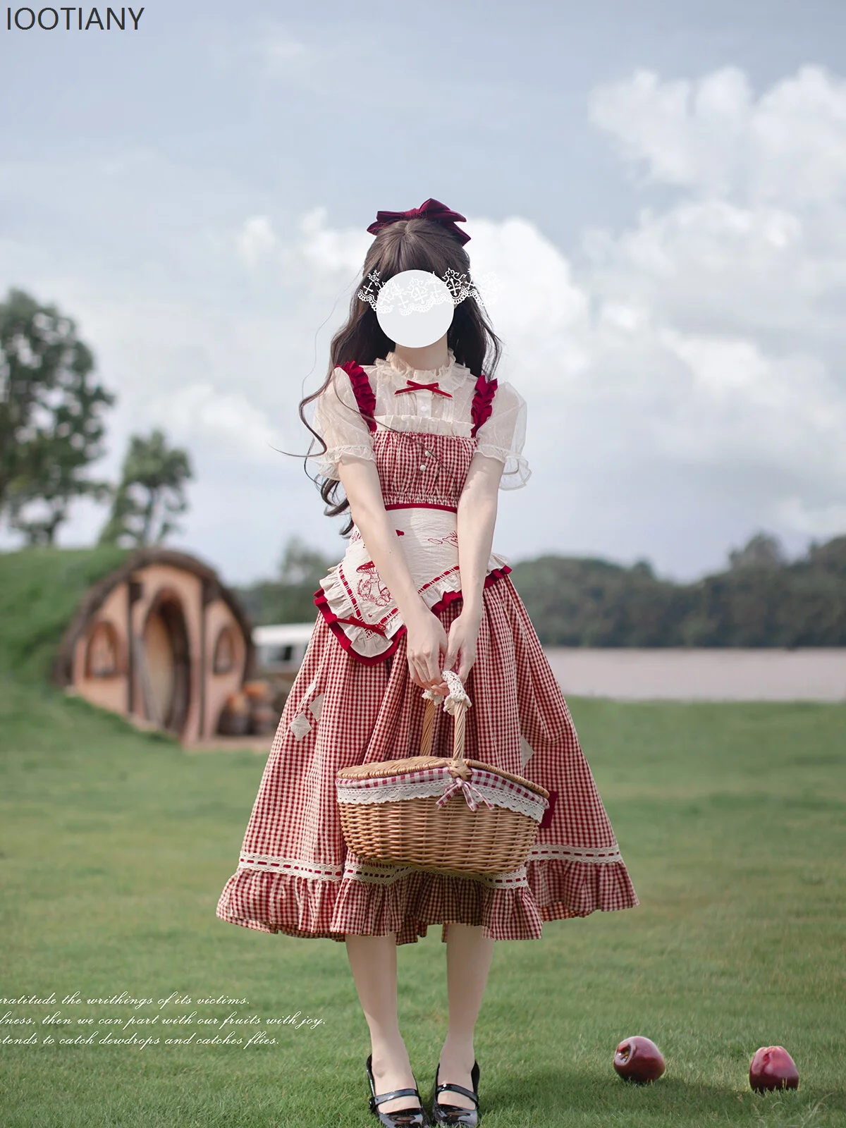 

IOOTIANY Sweet And Elegant Red Plaid Vest Skirt Polka Dot Puff Sleeve Shirt Sleeveless Lolita Kawaii Girl Tea Party Princess
