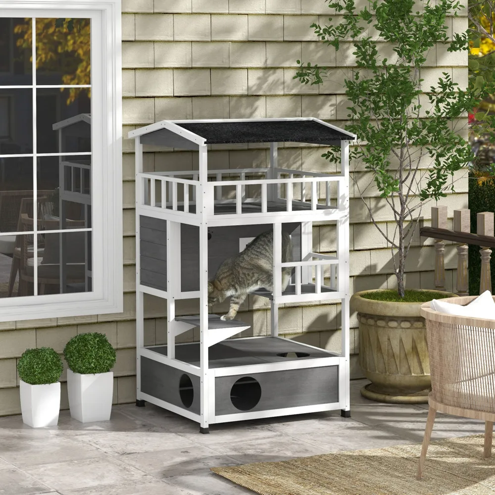 PawHut Wooden Outdoor Cat House: Feral Cat Shelter Kitten Condo with Asphalt Roof, Escape Doors, Jumping Platform, Light Gray
