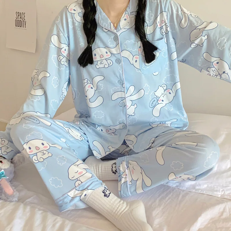 

Cinnamoroll Long-Sleeved Pajamas Set Kawaii Cartoon Hello Kitty Printing Spring Autumn Thin Polyester Cute Girls Home Clothes