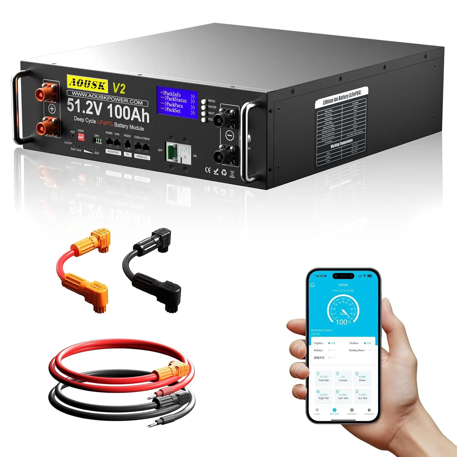48V 100Ah(V2) Lithium LiFePO4 Solar Battery, Support inverter communication, Built-in 100A BMS with Bluetooth,Max., Customized