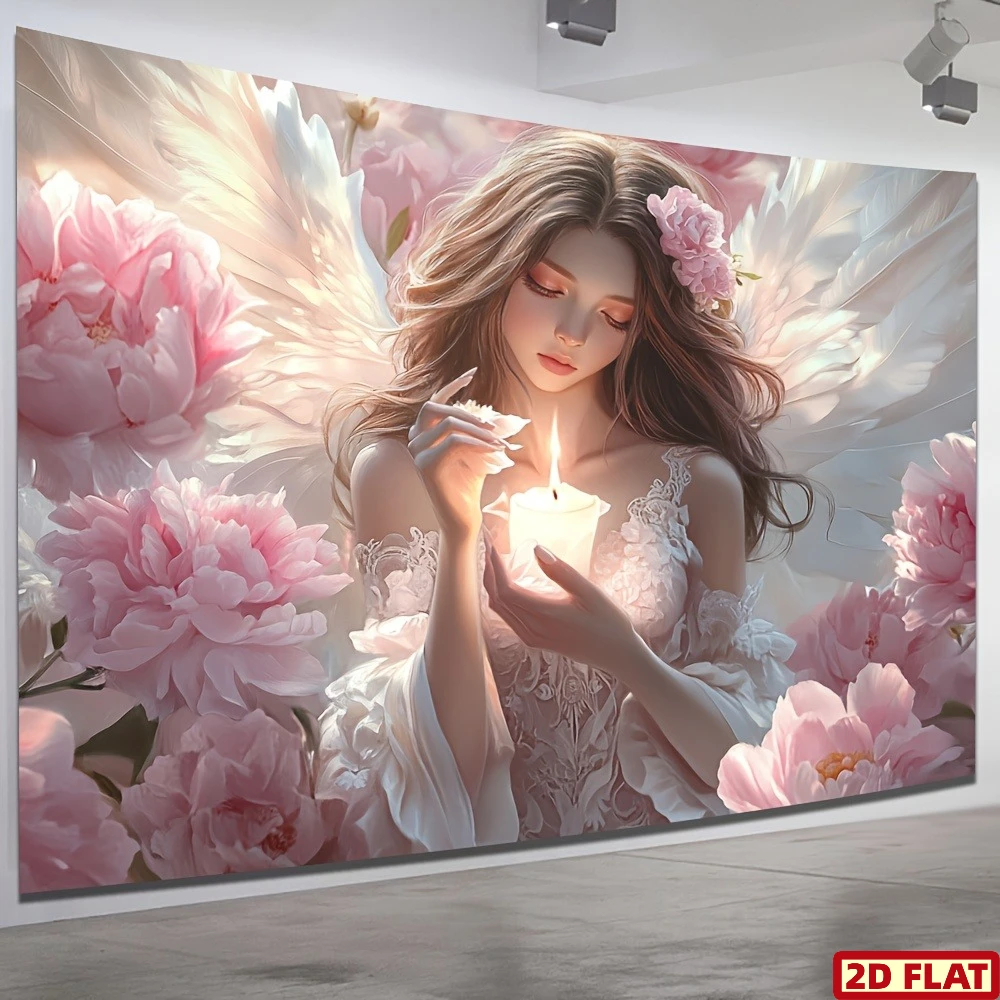 Pink Angel Girl Tapestry, Dreamy Floral Wall Hanging, Fairy Core Aesthetic, Soft Peony Art, Cottagecore Bedroom Decor