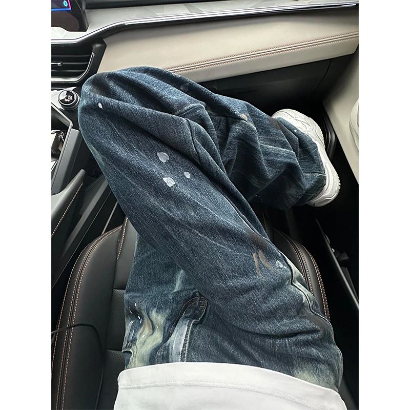 

Blue Paint Splatter Loose Wide Leg Jeans Men's Summer High Street Vibe Straight Cut Loose Fit Jeans Teenage Faion Jeans