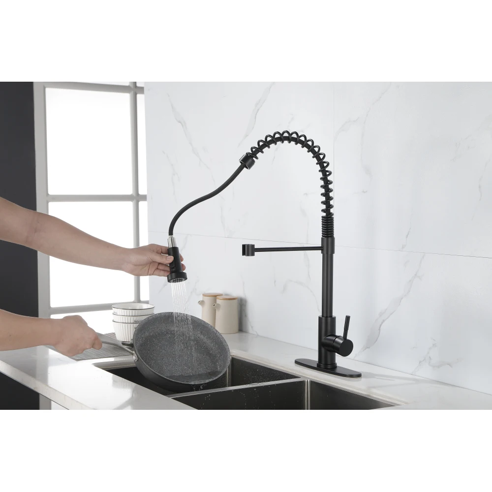 Commercial Spring Kitchen Faucets Matte Black with Pull Out Sprayer  Stainless Steel Single Handle One Hole Kitchen Sink Faucet