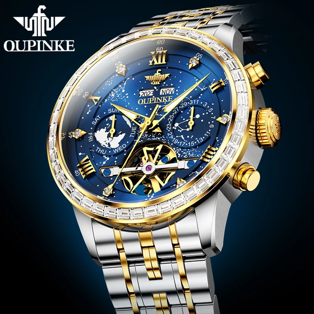 OUPINKE 3255 Luxury Automatic Watch For Men Starry Sky Dial Hollow Mechanical Hand Clock Auto Date Waterproof Man Dress Watches