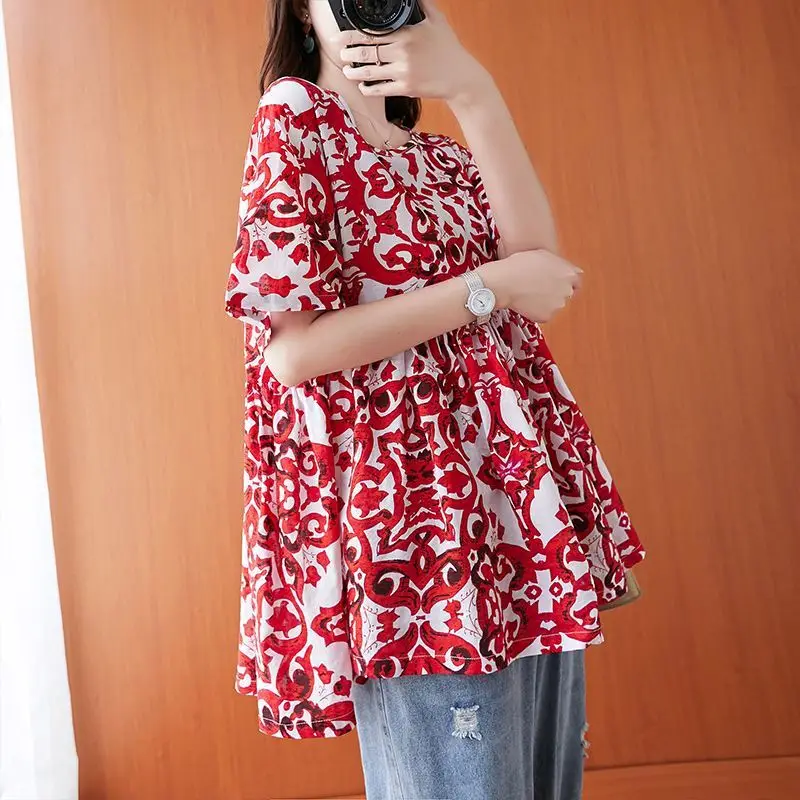 Vintage Paisley Print Ruffles Spliced Blouse Woman 2023 Summer Fashion Casual O-Neck Short Sleeve Loose Oversized Pullover Shirt